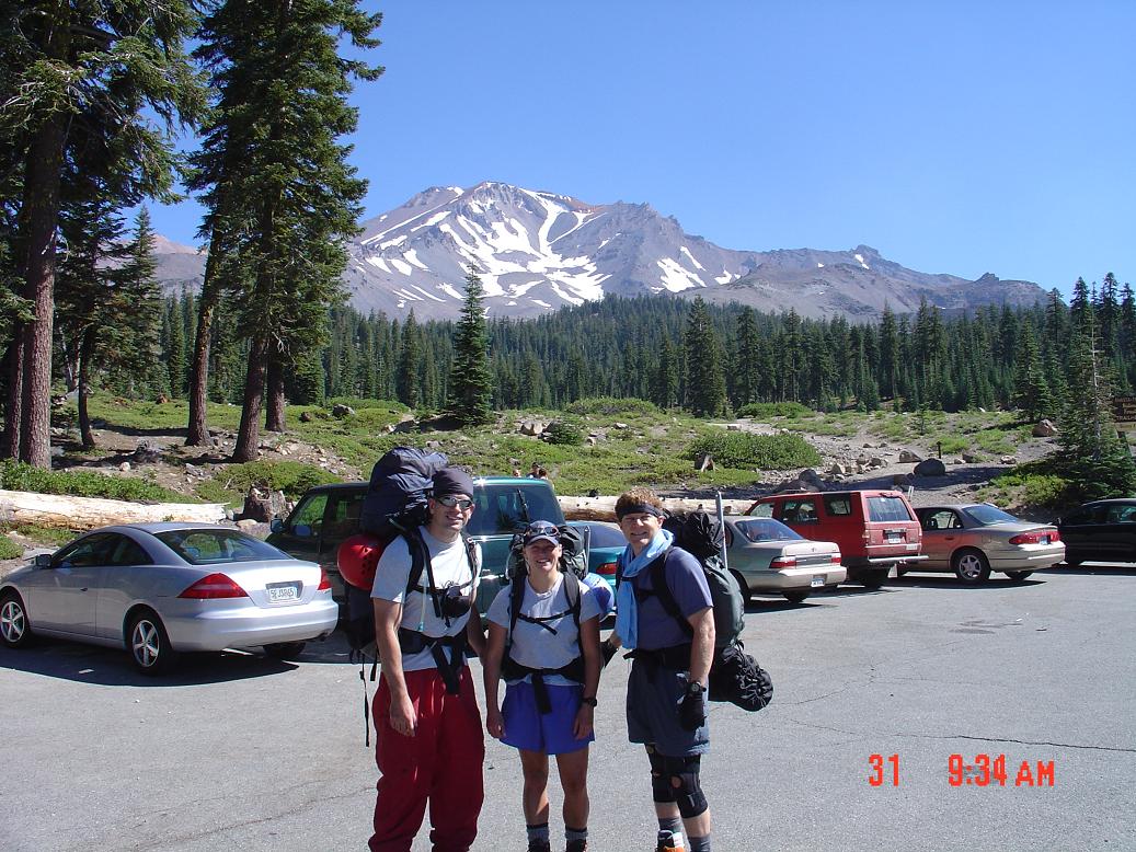 Rich, Keri, and Steven in the parking lot at Bunny Flat (6,950') Saturday monring, July 31, 2004, just before we started.