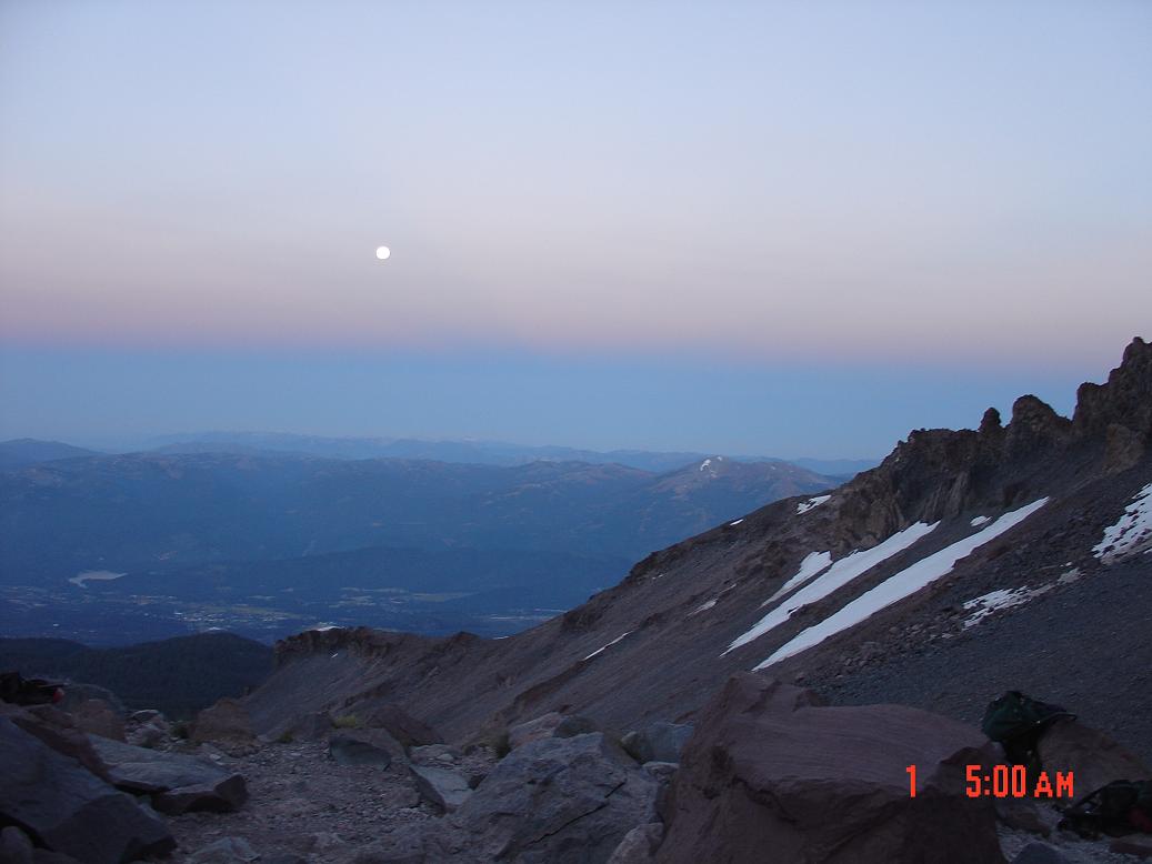 Looking at the full (blue) moon from Helen Lake (10,440') at 6 a.m. Sunday, August 1, 2004.